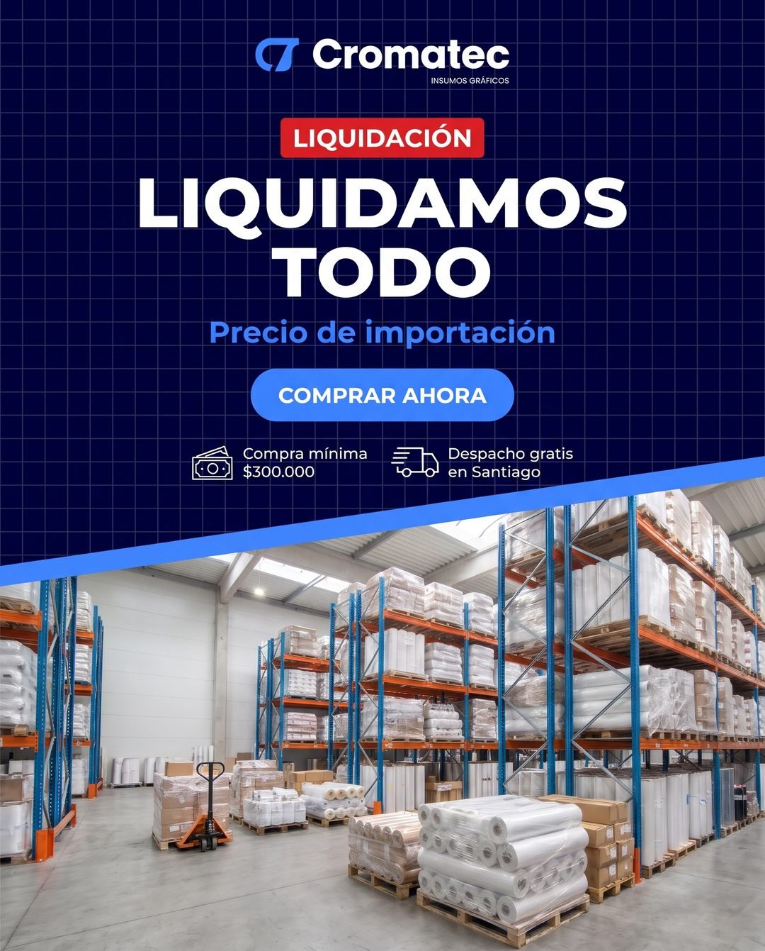 Liquidación total de vinilos, laminados y banners en bodega Cromatec a precio de importación